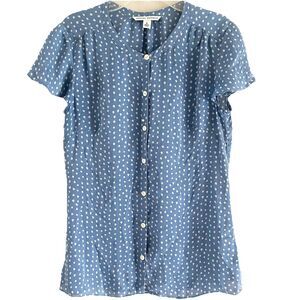 Banana Republic Blue Silk Top Size S Flutter Short Sleeves White Dotted Buttoned